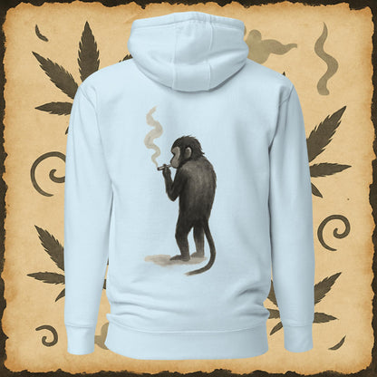 Zen style light blue hoodie with sumi-e monkey exhaling smoke – Chill Monkey streetwear