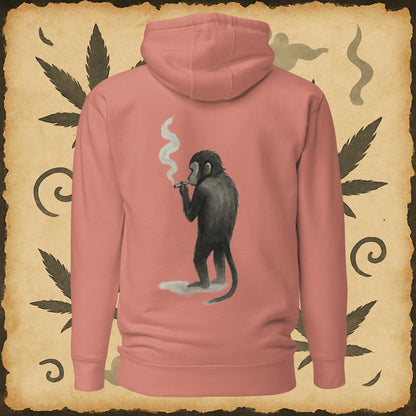 Zen style pink hoodie with sumi-e monkey exhaling smoke – Chill Monkey streetwear