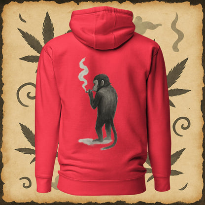 Zen style red hoodie with sumi-e monkey exhaling smoke – Chill Monkey streetwear
