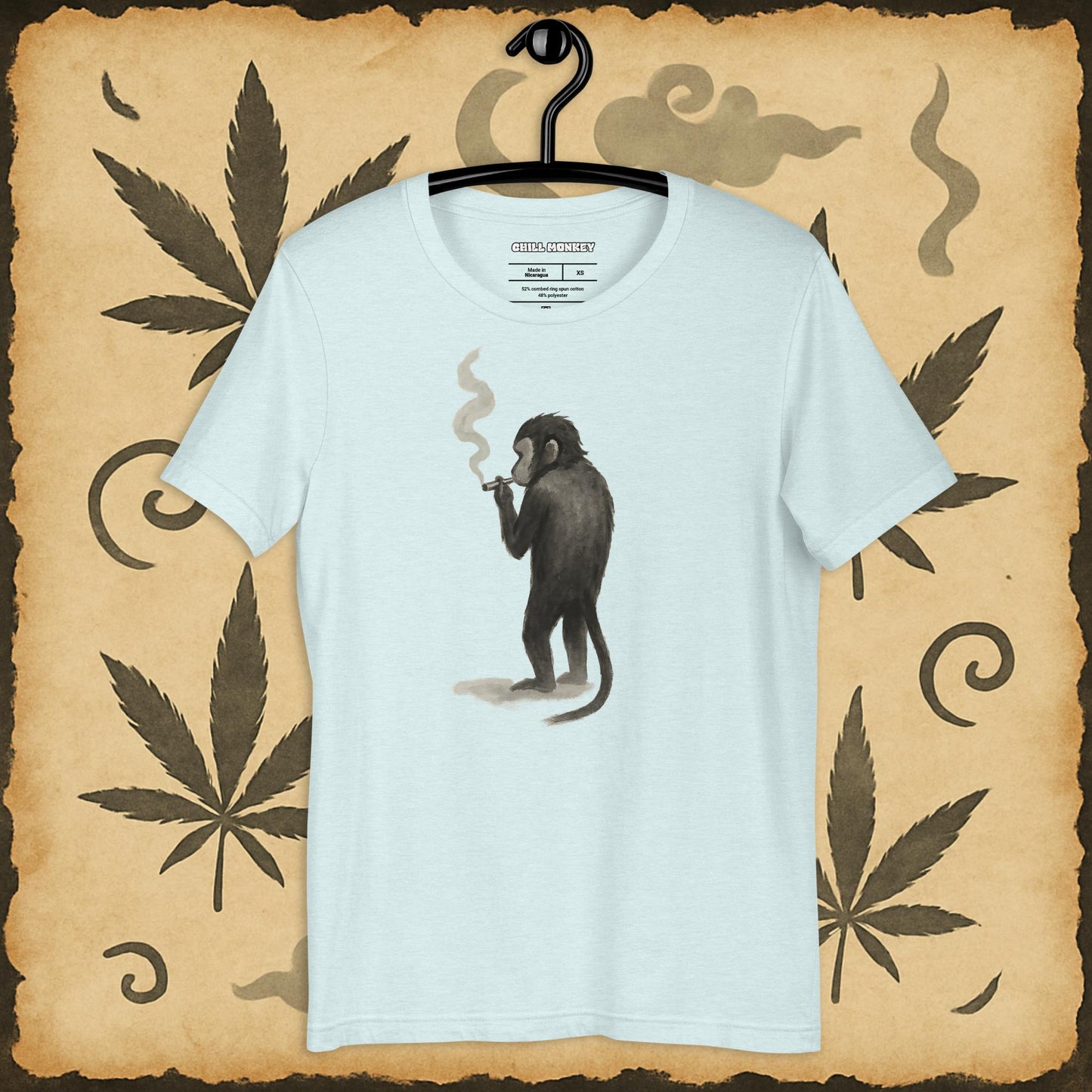 Blue 420 shirt with chill smoking monkey – zen cannabis art on premium unisex tee
