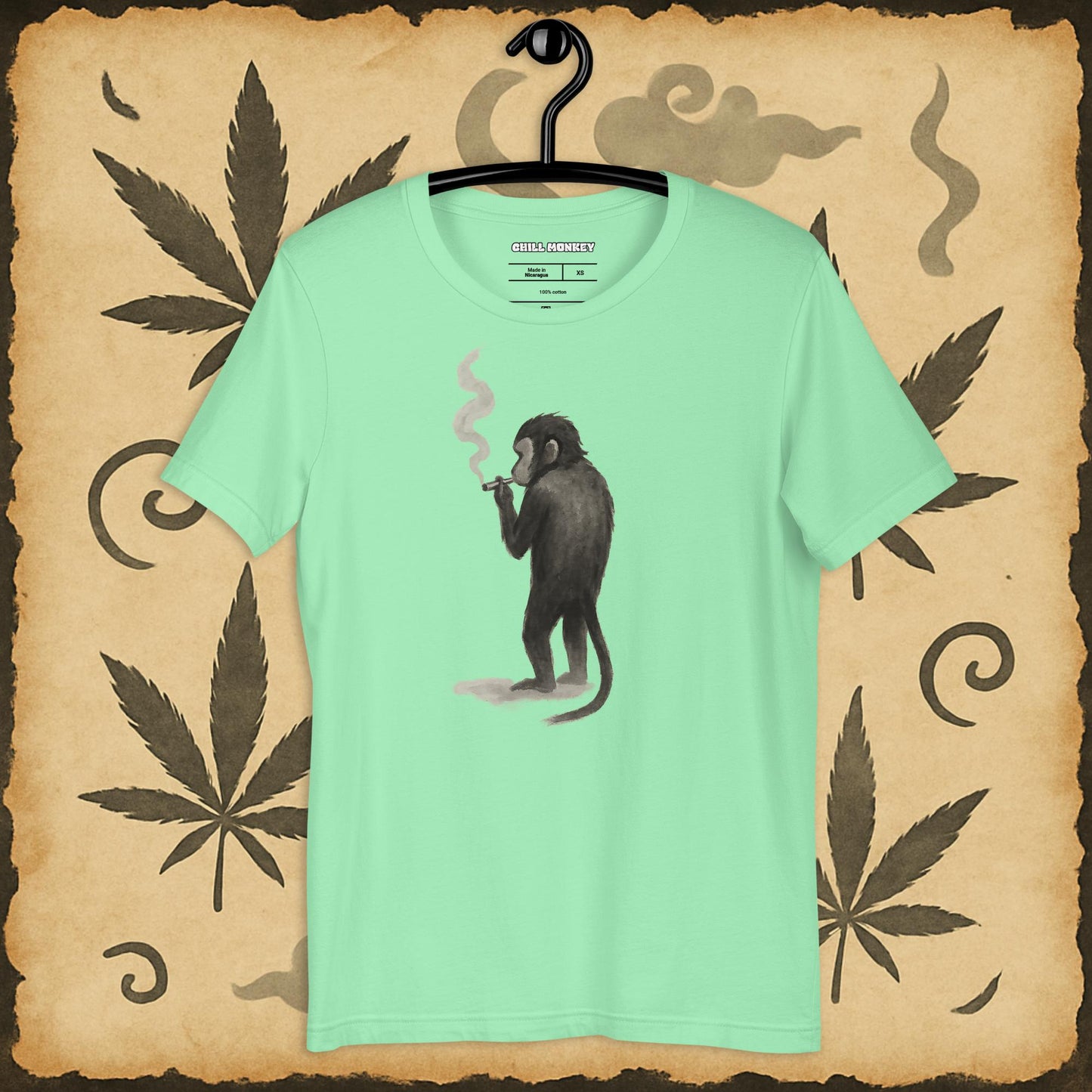 Green 420 shirt with chill smoking monkey – zen cannabis art on premium unisex tee