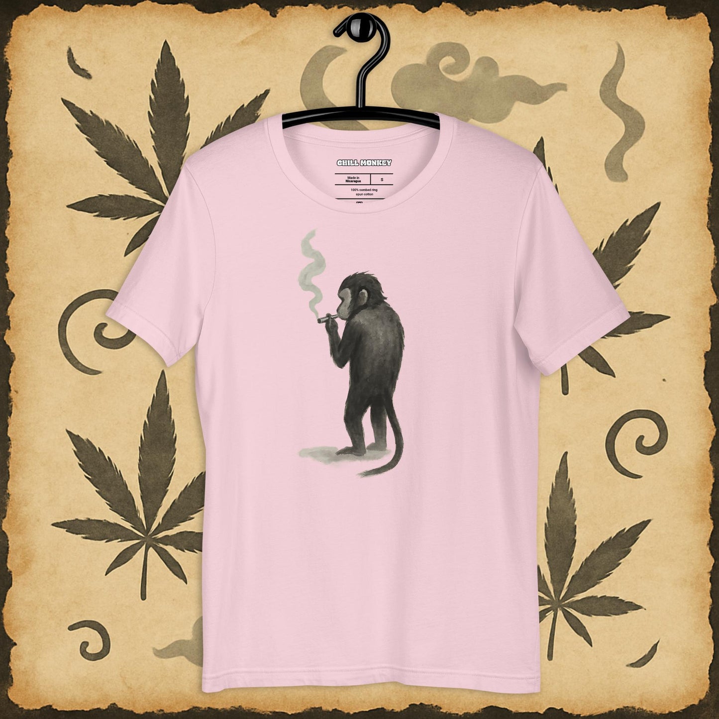 Pink 420 shirt with chill smoking monkey – zen cannabis art on premium unisex tee
