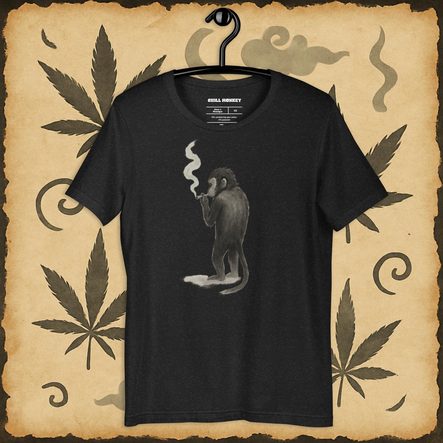Black vintage 420 shirt with chill smoking monkey – zen cannabis art on premium unisex tee
