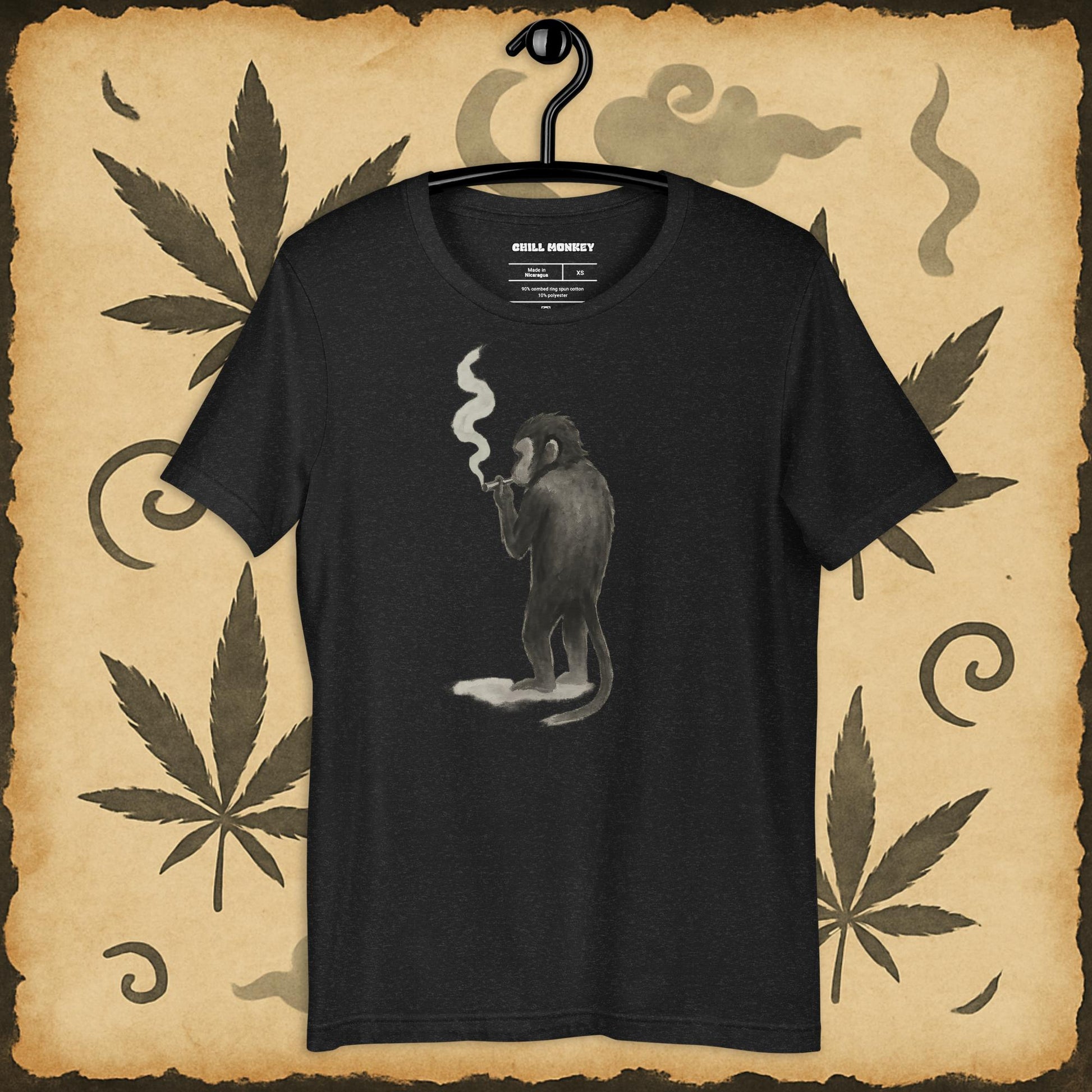 Black vintage 420 shirt with chill smoking monkey – zen cannabis art on premium unisex tee
