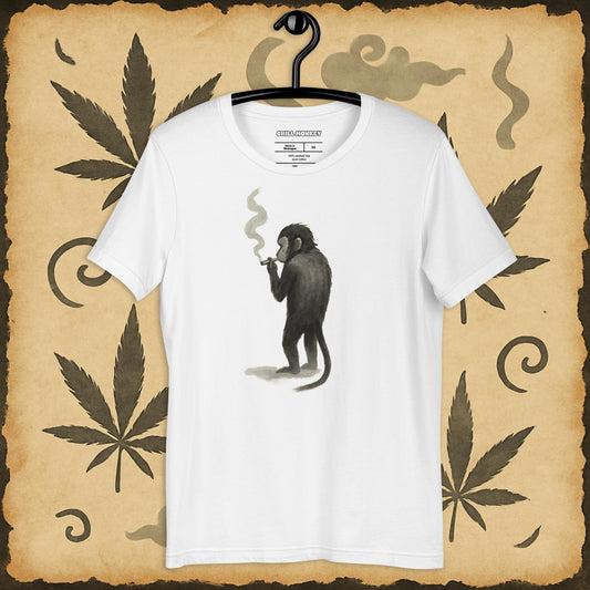 White 420 shirt with chill smoking monkey – zen cannabis art on premium unisex tee